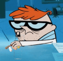 dexter from dexter 's laboratory is holding a bottle with pills in it