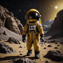an astronaut in a yellow suit is standing on a rocky surface