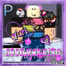 a purple and pink greeting card says good morning yuri