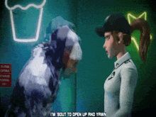 a cartoon of a woman talking to a man with the words " i 'm bout to open up and yawn " below her