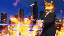 a dog in a suit stands in front of a burning city with a building that says esso