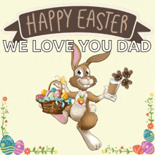 a bunny holding a basket of easter eggs and a glass of milk