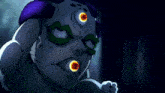 a cartoon drawing of a monster with a purple head and yellow eyes