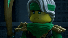 a lego ninjago character holding a sword with his mouth open