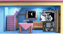 a doll house with a couch and stairs and a picture of a moon