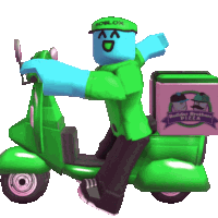 a roblox character is riding a green scooter with a builder brothers pizza box in the back
