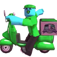 a roblox character is riding a green scooter with a builder brothers pizza box in the back