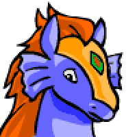 a pixel art drawing of a blue and orange horse with a green eye