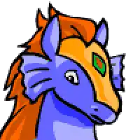 a pixel art drawing of a blue and orange horse with a green eye