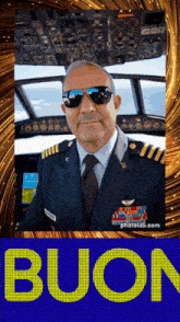 a picture of a man in a pilot 's cockpit with the word buon in the upper right corner