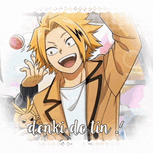 a picture of a yellow haired anime character with the words denki de tin below it