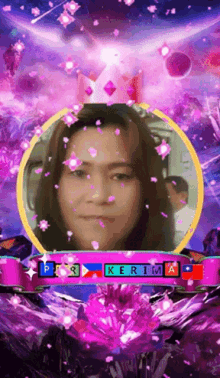 a woman with a crown on her head is surrounded by purple crystals and the name kerima