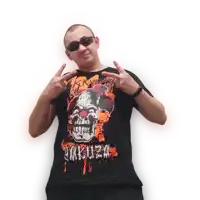 a man wearing a black t-shirt with a clown on it