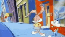 bugs bunny and baby bugs bunny are standing on a sidewalk in a cartoon .