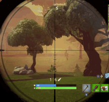 a sniper scope shows trees in the distance and the number 16 on the left