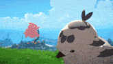 a bird is standing in a grassy field with a cherry blossom tree in the background