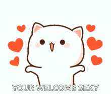 a cartoon cat is surrounded by hearts and says your welcome sexy .