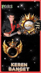 a man is playing a guitar in front of a king logo