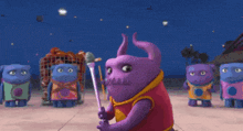 a purple cartoon character is holding a purple stick