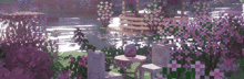 a table and chairs in a garden with purple flowers and a pond .