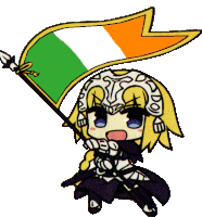 a cartoon drawing of a girl holding a flag with a green white and orange stripe