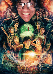 a poster for a movie called it with a boy wearing glasses in the middle
