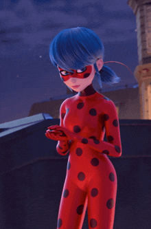 a ladybug cartoon character with blue hair and black polka dots on her body