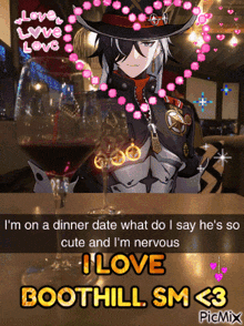a picture of a man sitting at a table with a glass of wine and a caption that says i love boothill sm