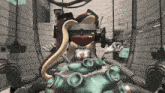 a cartoon character is wearing a virtual reality headset in a room
