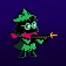 a pixel art of a sheep holding a gun on a blue background .