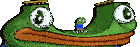 a frog is riding a skateboard through a hole in its head .