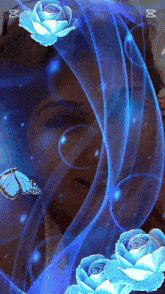 a woman is surrounded by blue roses and a butterfly
