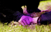 a person laying in the grass with a purple hand