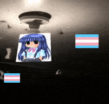 a picture of a little girl with blue hair and a pink bow