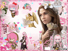 a picture of a woman surrounded by anime characters with the words zzz on the bottom right