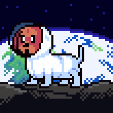 a pixel art drawing of a dog with a scarf around his neck