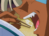a cartoon of a man eating rice with chopsticks