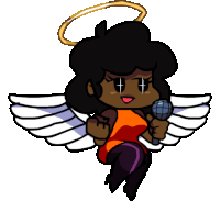 a cartoon angel is holding a microphone and wearing a halo .