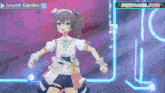 a girl with a microphone is dancing in front of a sign that says secret garden on it