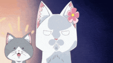 a cat with a flower in its ear is standing next to another cat