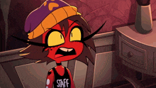 a cartoon character wearing a hat and a tank top that says staff