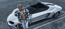 a man in a plaid shirt is standing next to a white car