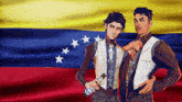 two men standing in front of a venezuelan flag one is holding a bottle of corona
