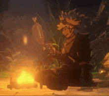a cartoon character is sitting in front of a fire in a forest .