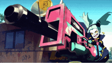 a cartoon character is holding a large gun in front of a sign that says r3