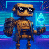 a robot wearing sunglasses and a jacket that says grok