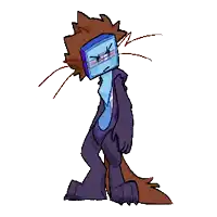 a pixel art drawing of a cartoon character with a blue head
