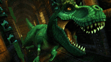 a green monster with sharp teeth and a yellow eye