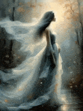 a painting of a woman in a long white dress standing in a forest