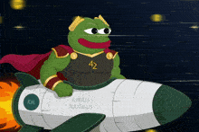 a cartoon of a frog riding a rocket with the words kekius maximus written on it